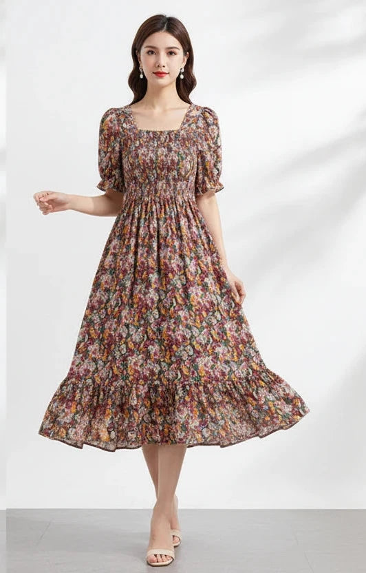 Floral dress hanging on a rack against a white background
