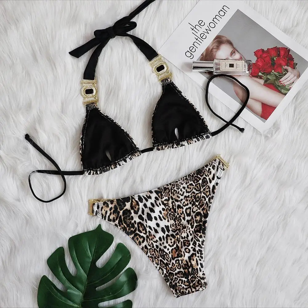 Bikini Swimsuit Women's Mesh Red Style Holiday Sexy Leopard Diamond Low Waist Push up Split Swimsuit Jewelry Swimwear