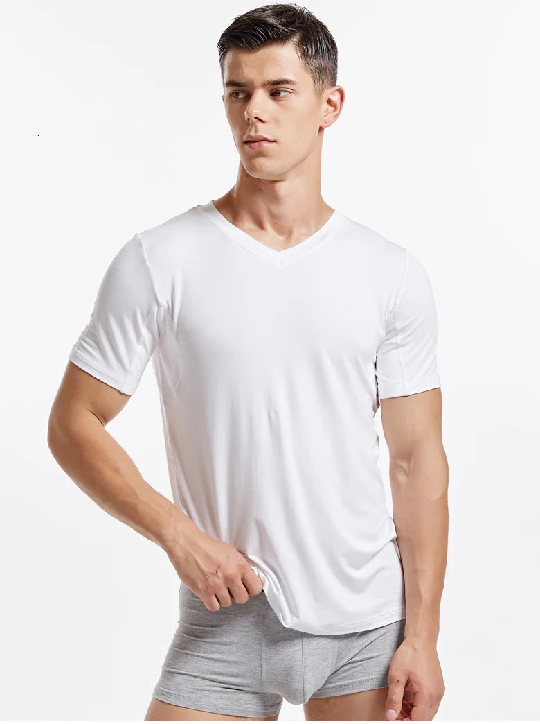 Men 's Undershirts Underwear Absorb Sweat Elastic T Shirts Male V Neck Short Sleeves Top Sleepwear Plus Size Base Shirt 5359