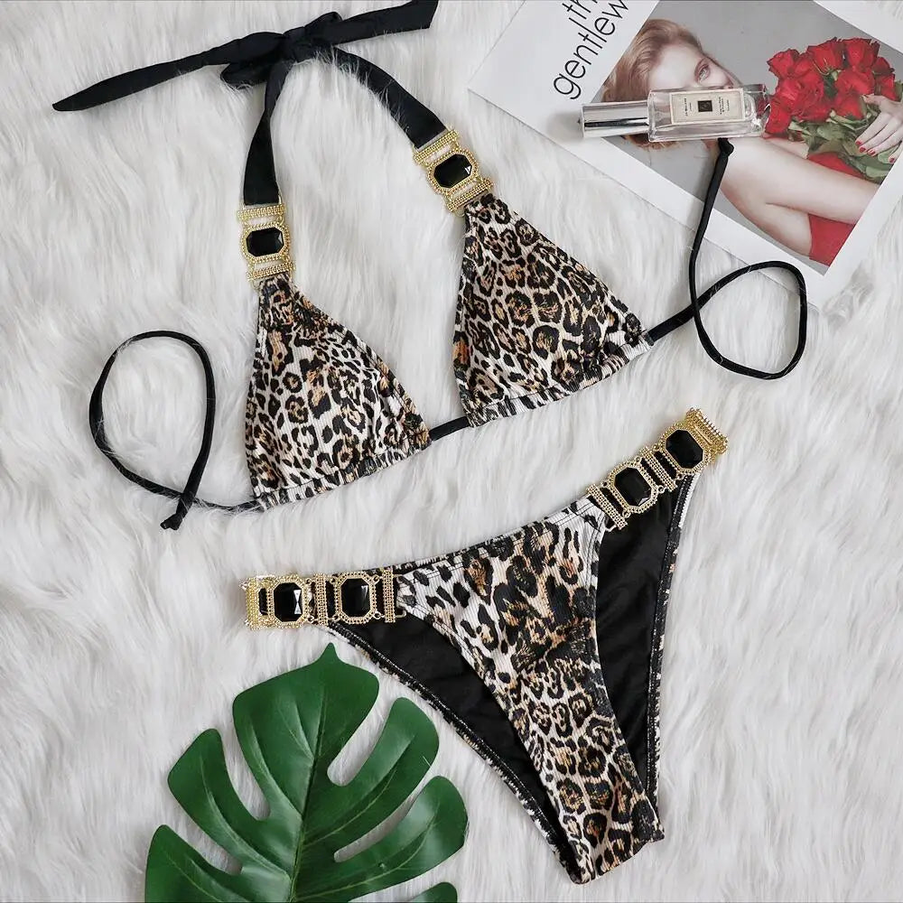 Bikini Swimsuit Women's Mesh Red Style Holiday Sexy Leopard Diamond Low Waist Push up Split Swimsuit Jewelry Swimwear