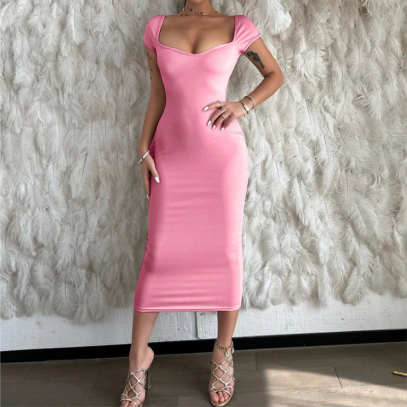 Elegant Slim Rib Women Dress Casual Slash Neck Summer Long Dresses Sexy Solid Black Evening Clubwear Fashion Dresses
