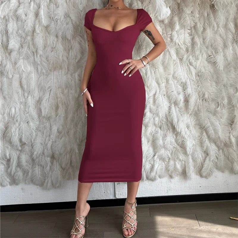 Elegant Slim Rib Women Dress Casual Slash Neck Summer Long Dresses Sexy Solid Black Evening Clubwear Fashion Dresses