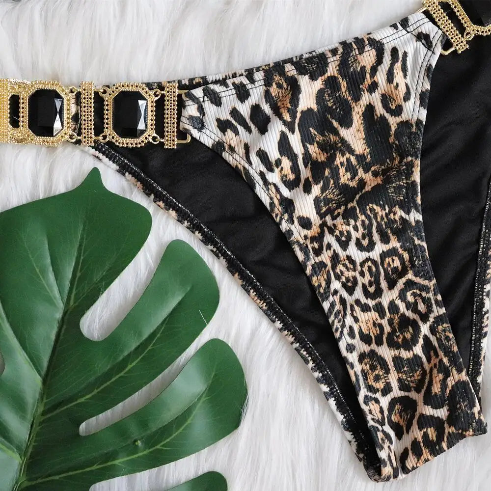 Bikini Swimsuit Women's Mesh Red Style Holiday Sexy Leopard Diamond Low Waist Push up Split Swimsuit Jewelry Swimwear