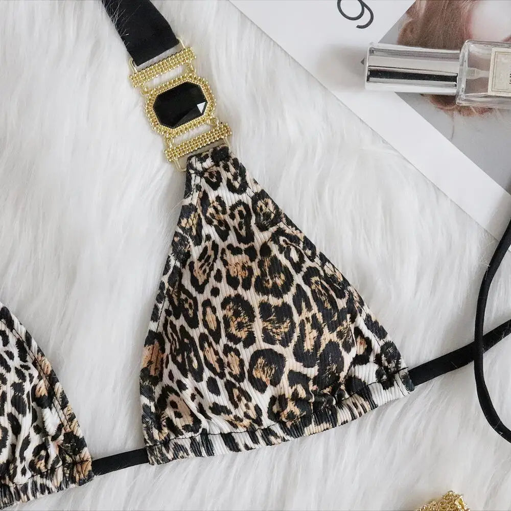 Bikini Swimsuit Women's Mesh Red Style Holiday Sexy Leopard Diamond Low Waist Push up Split Swimsuit Jewelry Swimwear