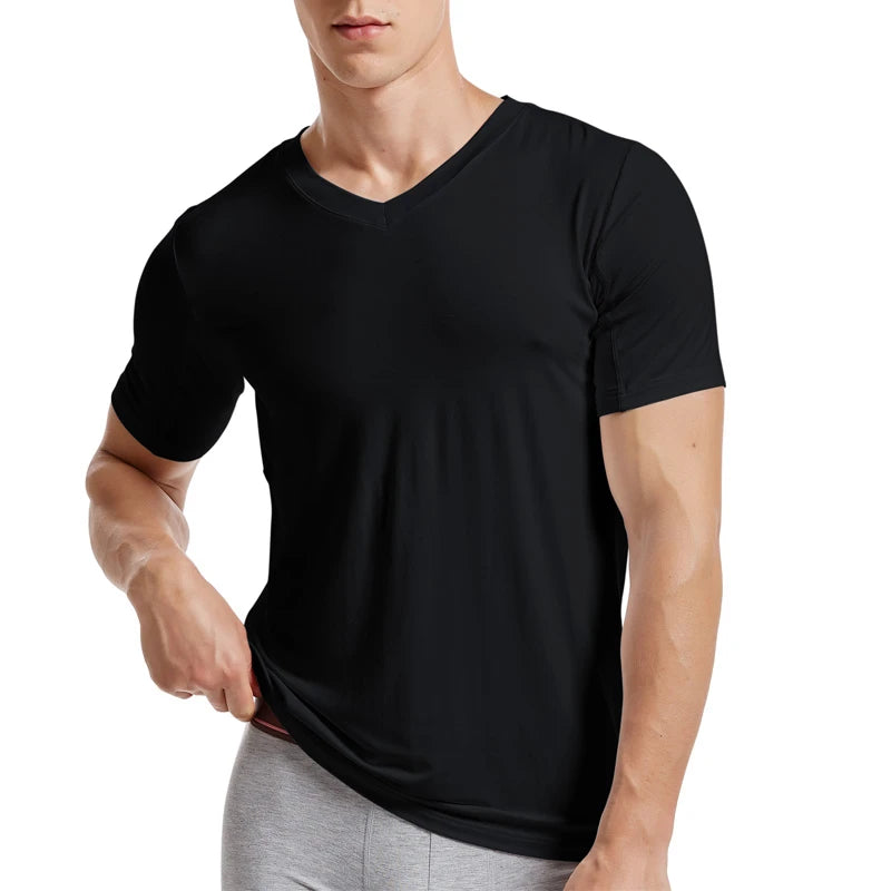 Men 's Undershirts Underwear Absorb Sweat Elastic T Shirts Male V Neck Short Sleeves Top Sleepwear Plus Size Base Shirt 5359