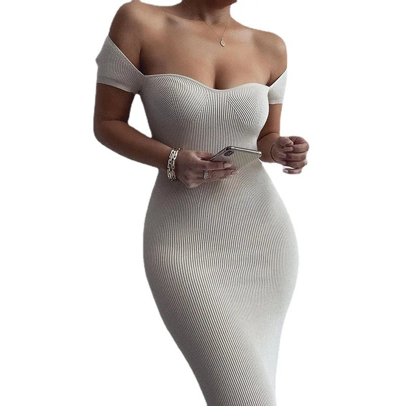 Elegant Slim Rib Women Dress Casual Slash Neck Summer Long Dresses Sexy Solid Black Evening Clubwear Fashion Dresses