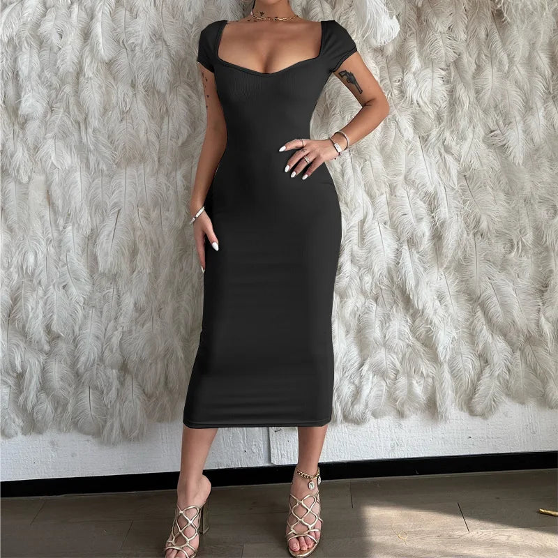 Elegant Slim Rib Women Dress Casual Slash Neck Summer Long Dresses Sexy Solid Black Evening Clubwear Fashion Dresses