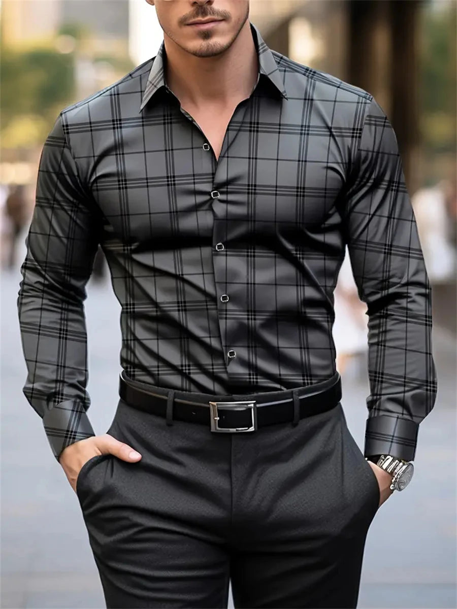 Men's plaid long-sleeved shirt, elegant casual wear