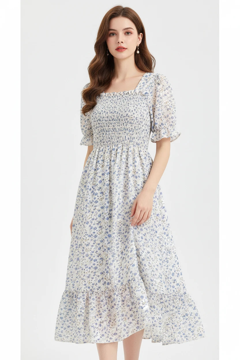 Floral Dresses , Summer Pleated Women Chiffon Casual Beach