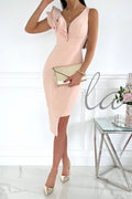 Dress For Weddings As A Guest Formal With Back Zipper Sleeveless Side Slit Dress,Ruffle Low Cut Bodycon Midi