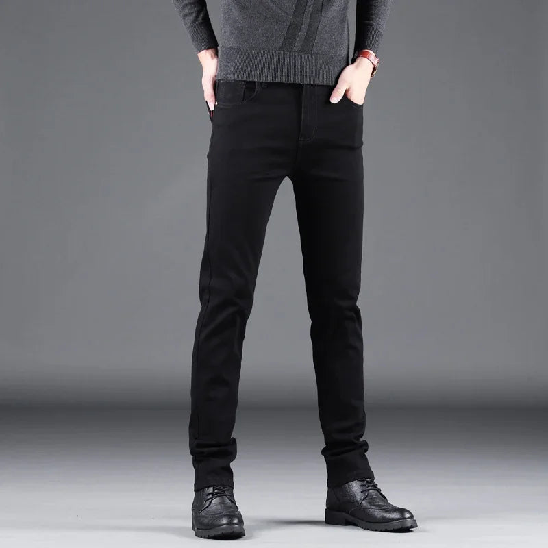 New Men's Pure Black Slim Jeans Elastic Straight Vintage Denim Pants Male