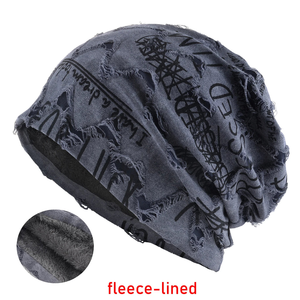 Letter Print Beanie Hats For Women Men Vintage Distressed Cracked Design Wasteland Style Spring Summer Warm Fleece-lined Winter