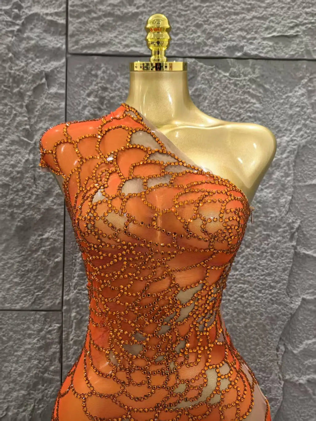 Orange Color Shinning Rhinestones Women Sexy One Shoulder Mesh Bodycon Mini Dress Celebrate Nightclub Party Bar Singer Wear