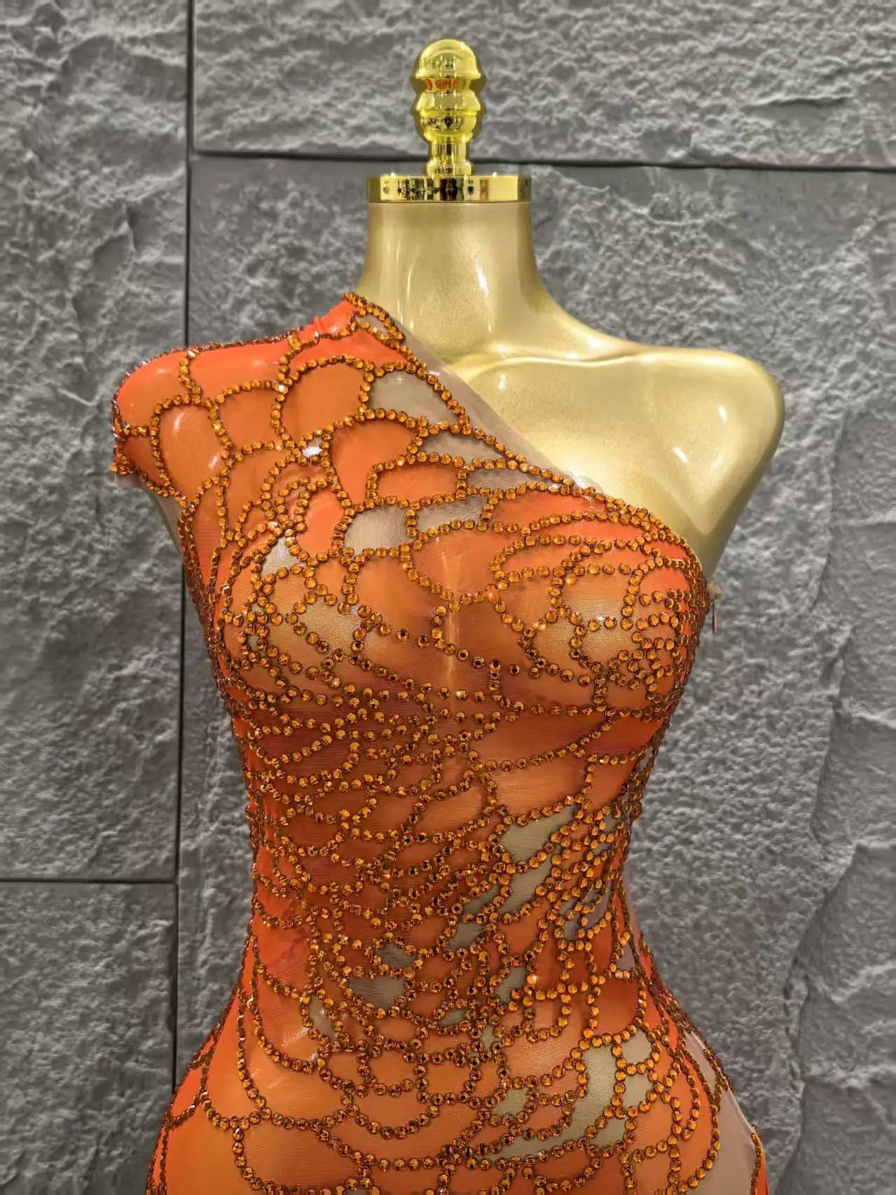Orange Color Shinning Rhinestones Women Sexy One Shoulder Mesh Bodycon Mini Dress Celebrate Nightclub Party Bar Singer Wear