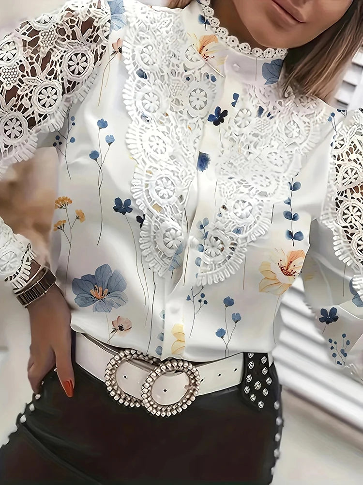 Shirts Elegant Office Ladies White Collared Lace Patchwork Hollow Out Button Up Womens Tops And Blouses 2026 Fashion New Blouse