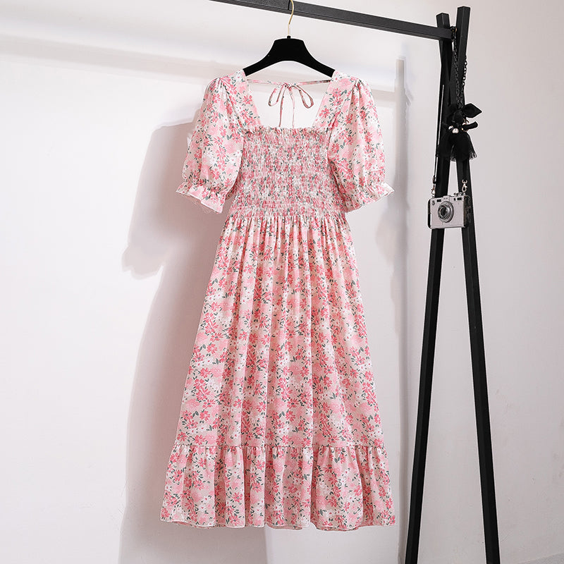 Floral Dresses , Summer Pleated Women Chiffon Casual Beach