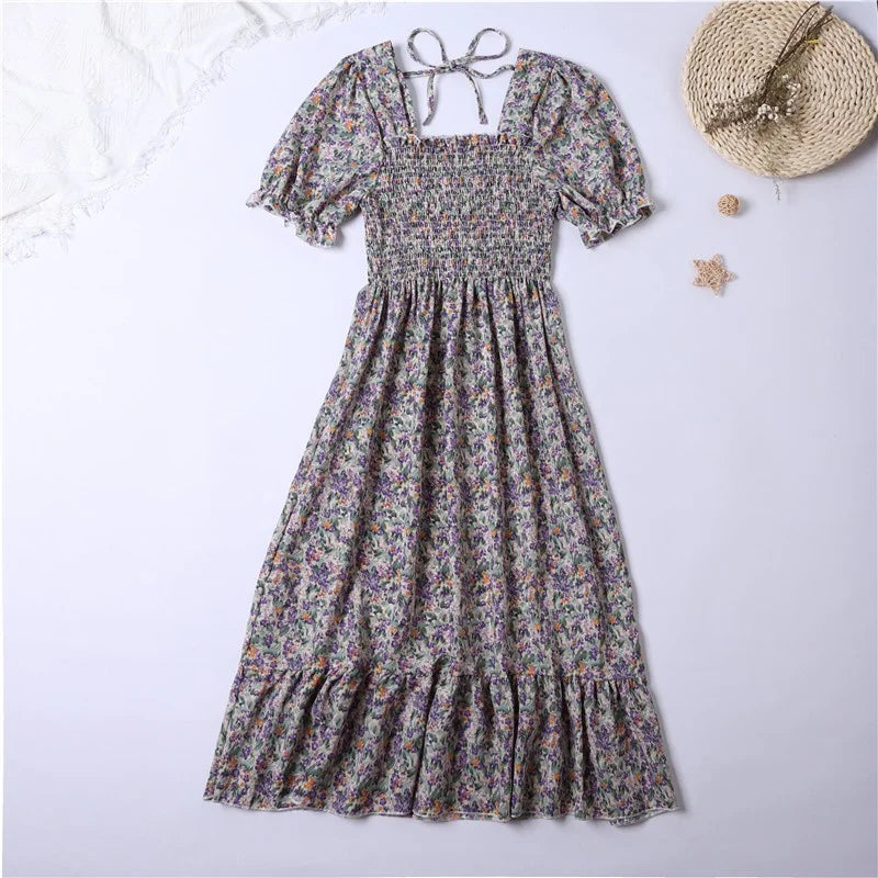 Floral Dresses , Summer Pleated Women Chiffon Casual Beach
