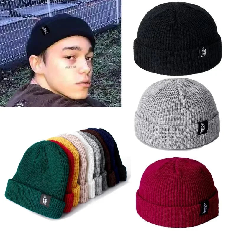 Beanie Hat Ribbed Knitted Melon Cap Solid Skullcap Baggy Retro Ski Hat