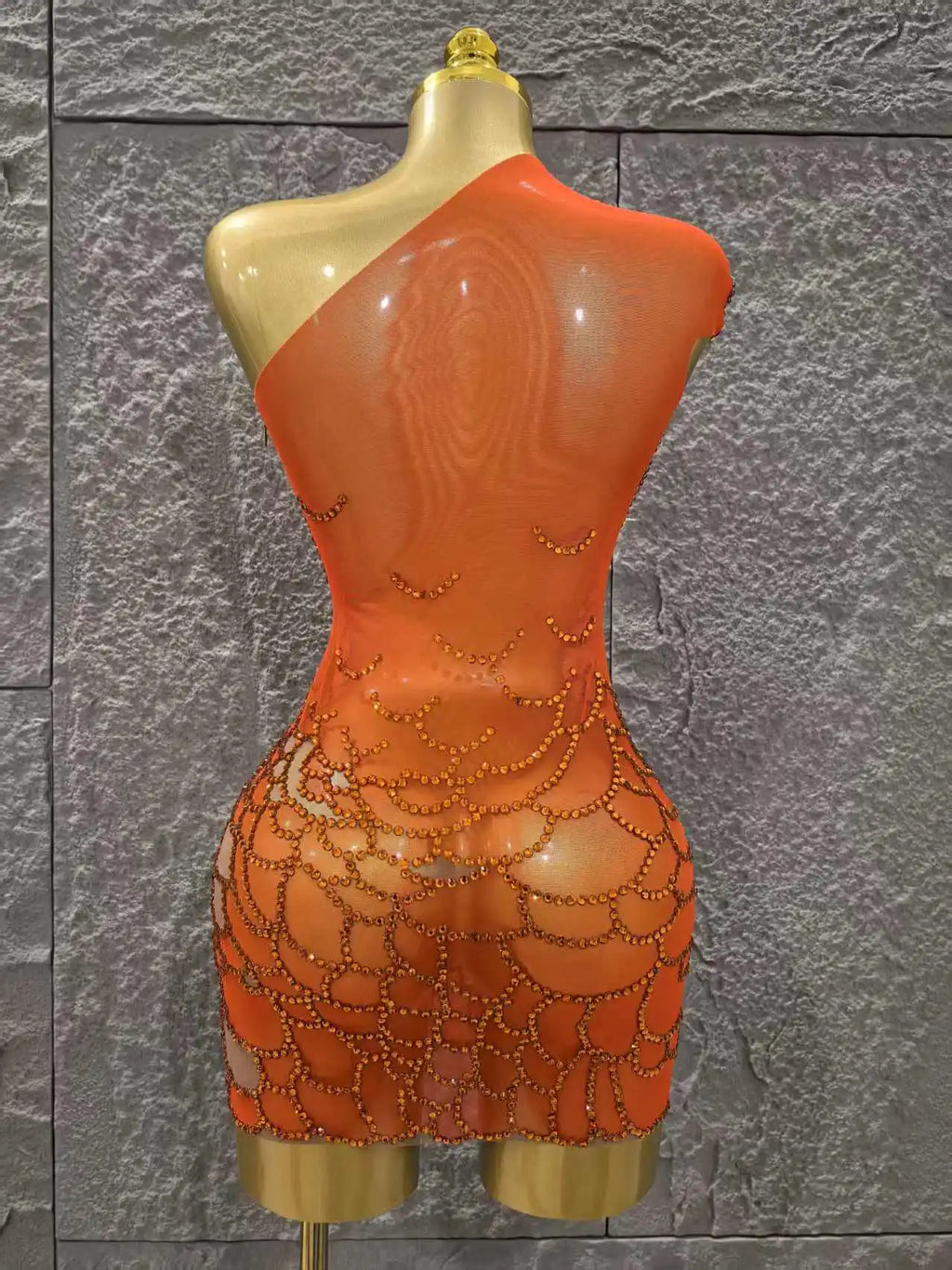 Orange Color Shinning Rhinestones Women Sexy One Shoulder Mesh Bodycon Mini Dress Celebrate Nightclub Party Bar Singer Wear