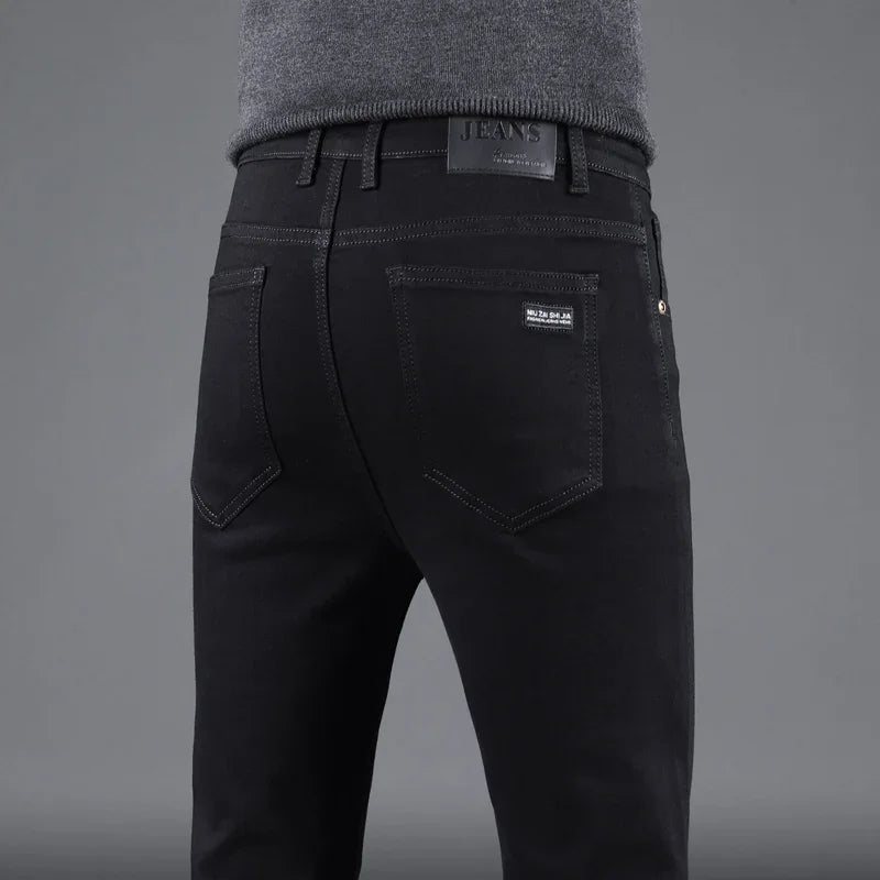 New Men's Pure Black Slim Jeans Elastic Straight Vintage Denim Pants Male