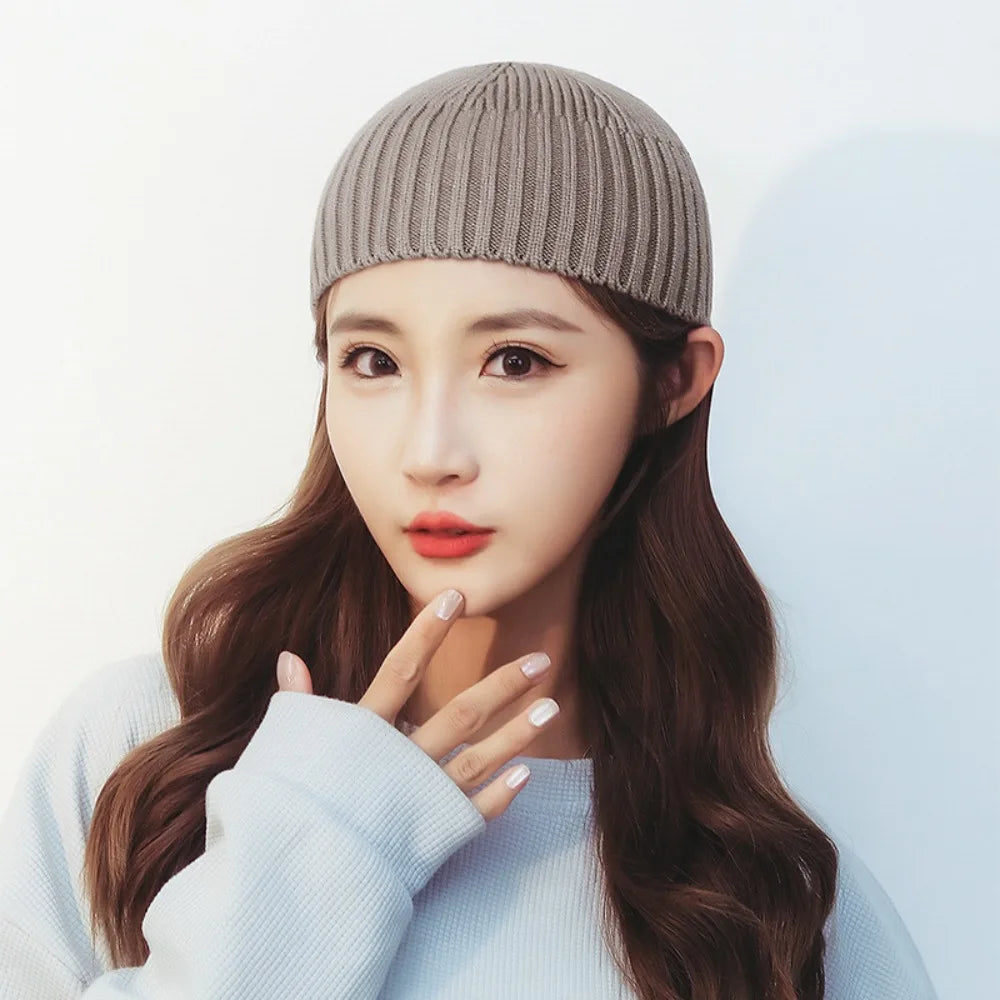 Street Solid Color Knitted Cap Brimless Keep Warm Vintage Dome Hat Elastic Melon Beanie Cap Outdoor Winter Beanie Bonnet Cap