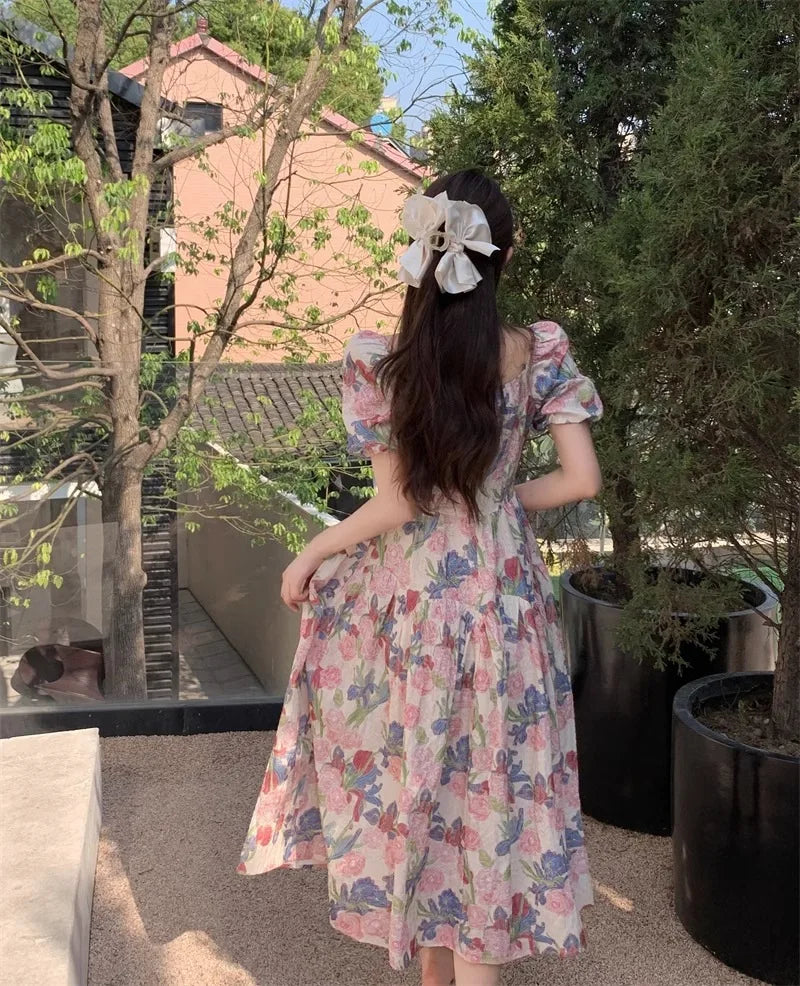 Dress Summer New Style Women's Long Dress Belly Concealing Slimming A- Line..Romantic French Floral Print Square Neck plus Size