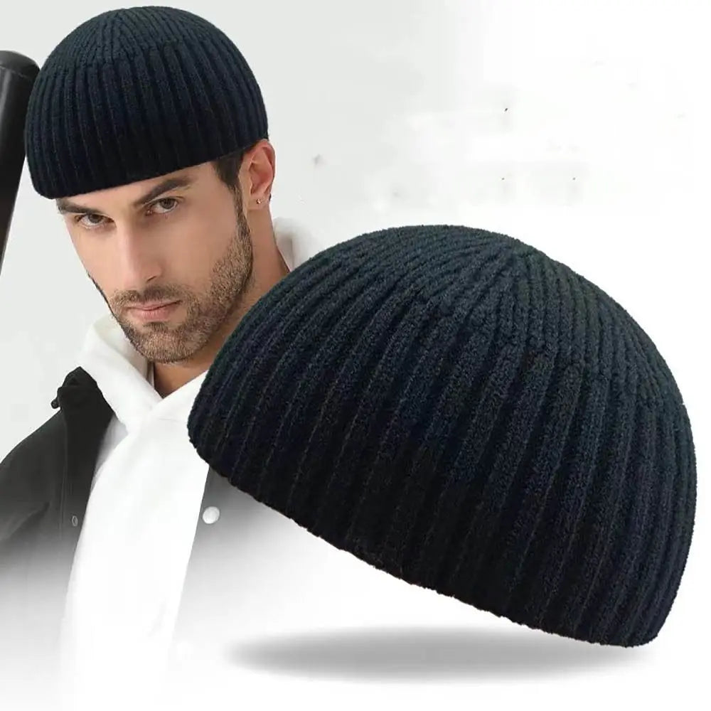 Street Solid Color Knitted Cap Brimless Keep Warm Vintage Dome Hat Elastic Melon Beanie Cap Outdoor Winter Beanie Bonnet Cap