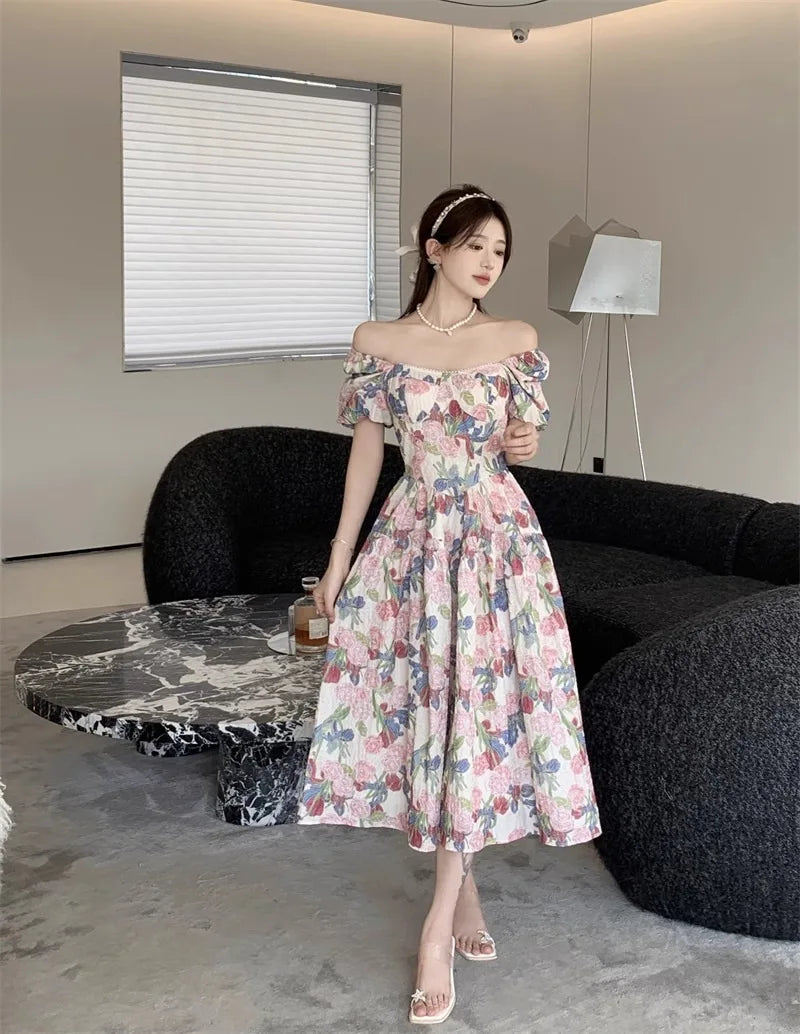 Dress Summer New Style Women's Long Dress Belly Concealing Slimming A- Line..Romantic French Floral Print Square Neck plus Size