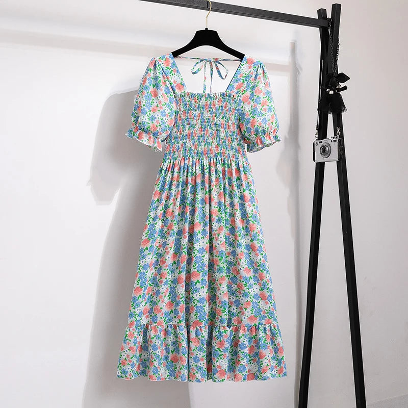 Floral Dresses , Summer Pleated Women Chiffon Casual Beach