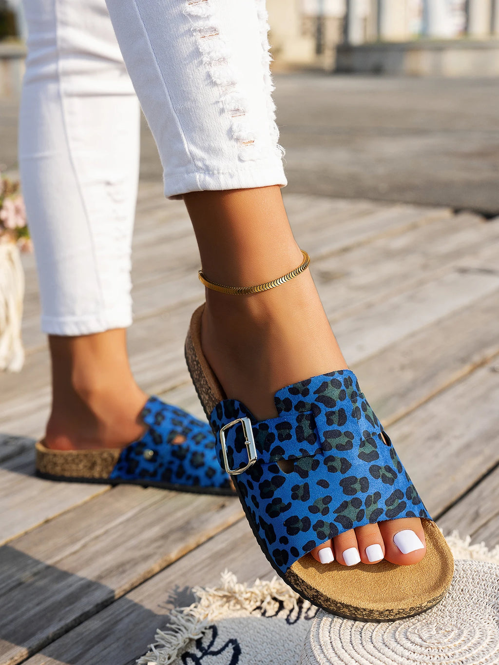 Four-Season Open-Toe Sandals for Outdoor Wear, New Spring and Autumn Women's Sandals, Simple, Casual, Fashionable, Versatile, Blue and Brown Cork Sole Sandals, Animal Print Leopard Print Slide Sandals with Adjustable Buckle S