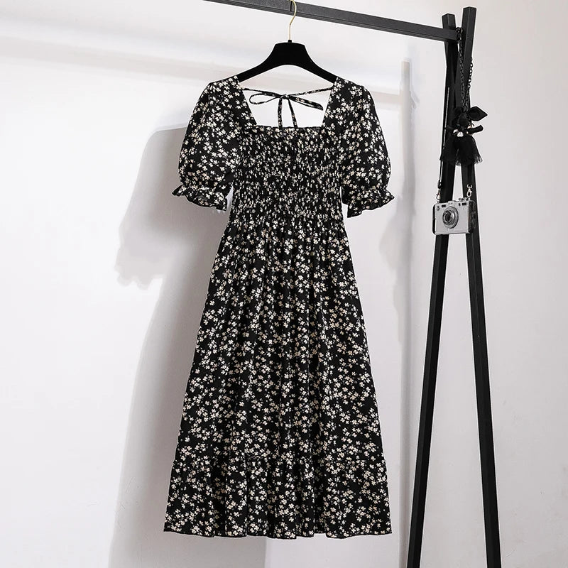 Floral Dresses , Summer Pleated Women Chiffon Casual Beach