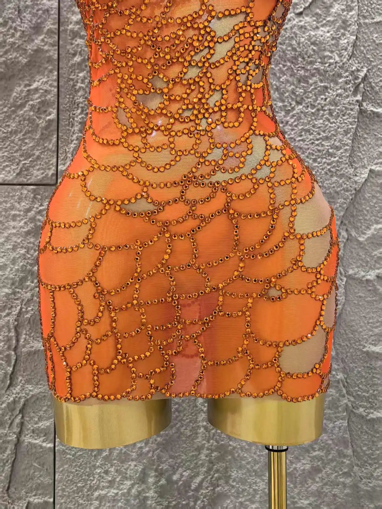 Orange Color Shinning Rhinestones Women Sexy One Shoulder Mesh Bodycon Mini Dress Celebrate Nightclub Party Bar Singer Wear