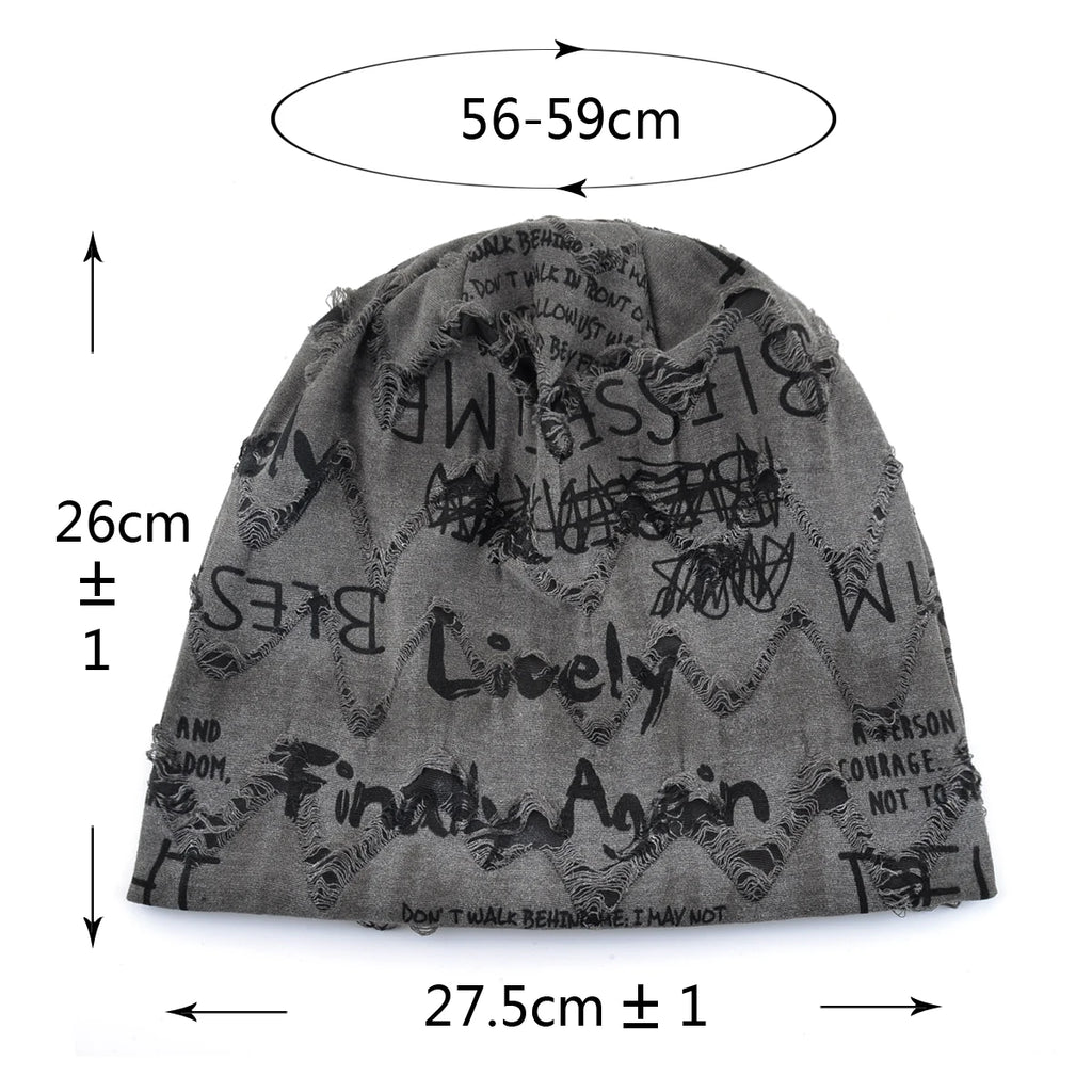 Letter Print Beanie Hats For Women Men Vintage Distressed Cracked Design Wasteland Style Spring Summer Warm Fleece-lined Winter