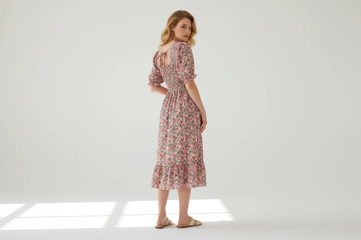 Floral Dresses , Summer Pleated Women Chiffon Casual Beach