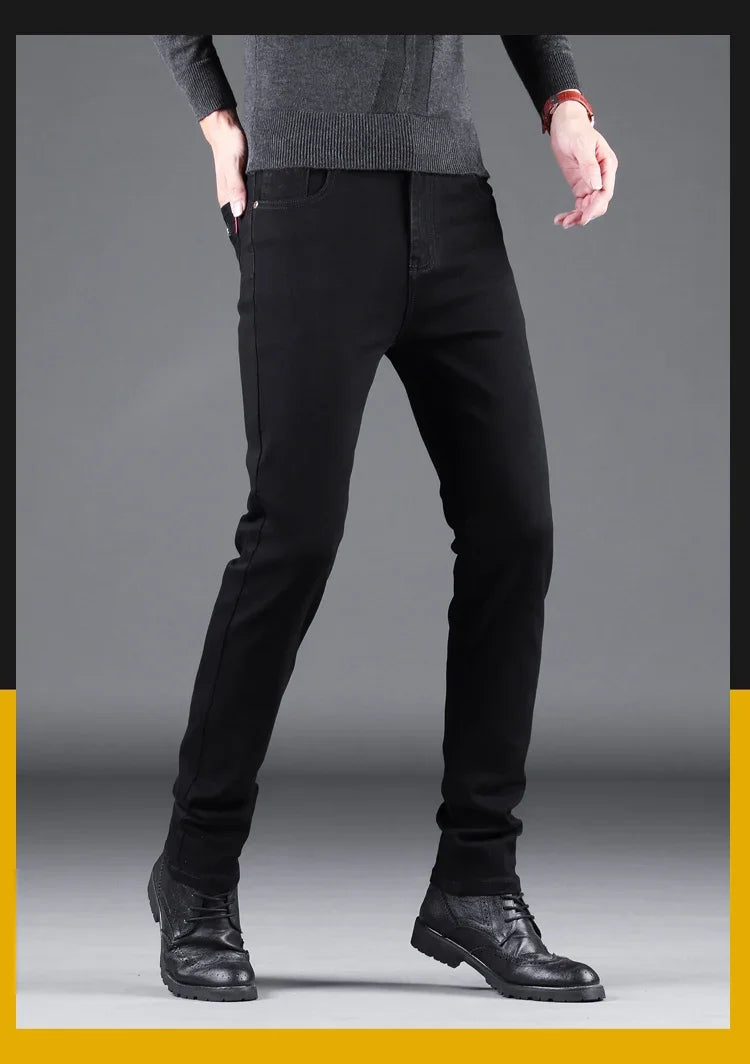 New Men's Pure Black Slim Jeans Elastic Straight Vintage Denim Pants Male