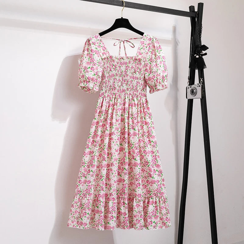 Floral Dresses , Summer Pleated Women Chiffon Casual Beach