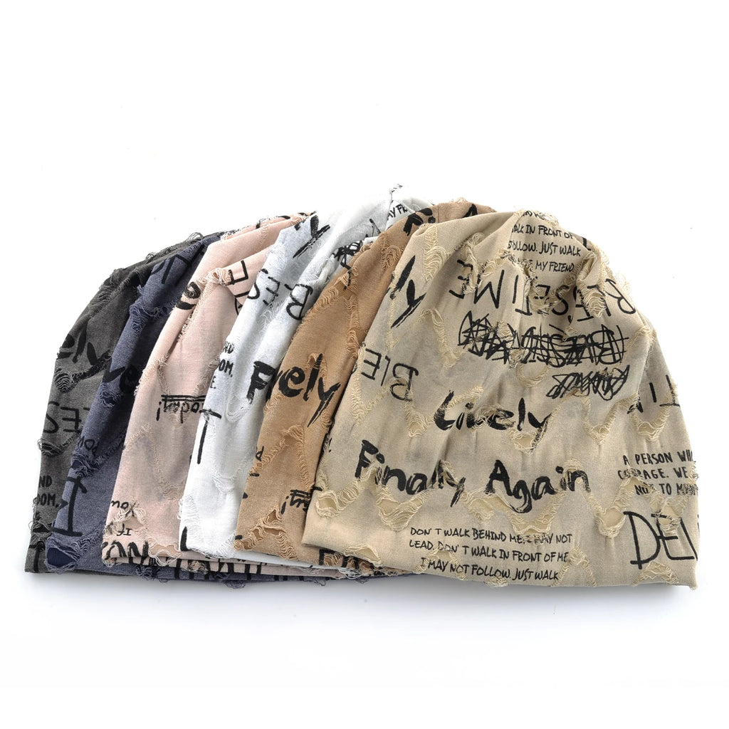 Letter Print Beanie Hats For Women Men Vintage Distressed Cracked Design Wasteland Style Spring Summer Warm Fleece-lined Winter