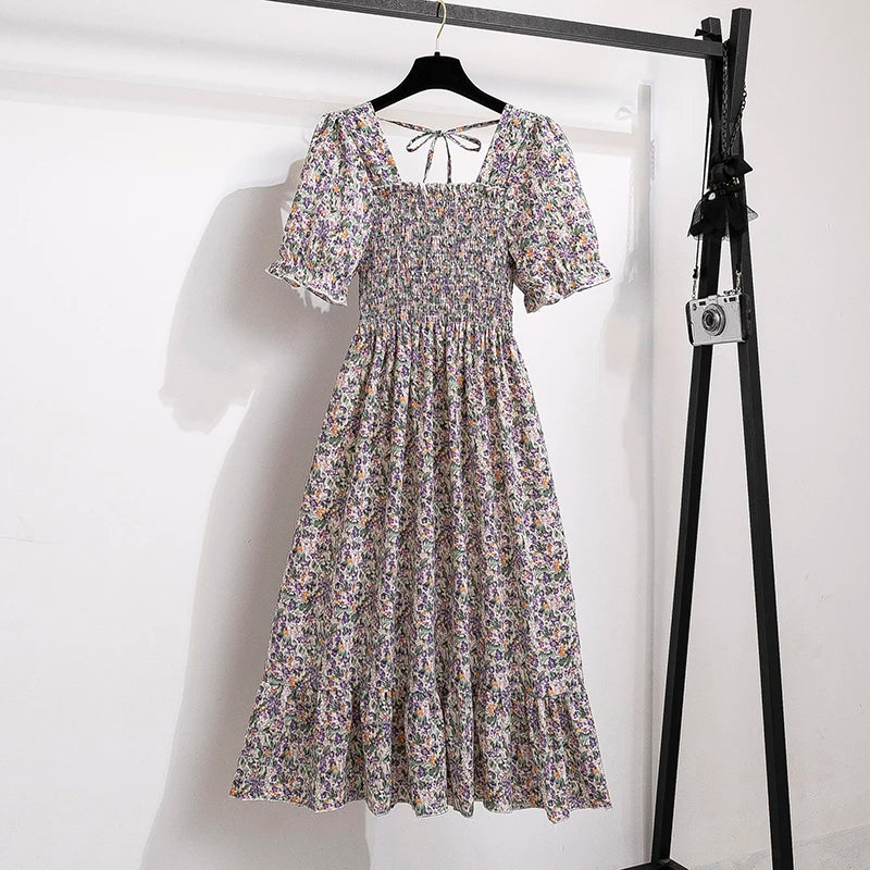 Floral Dresses , Summer Pleated Women Chiffon Casual Beach