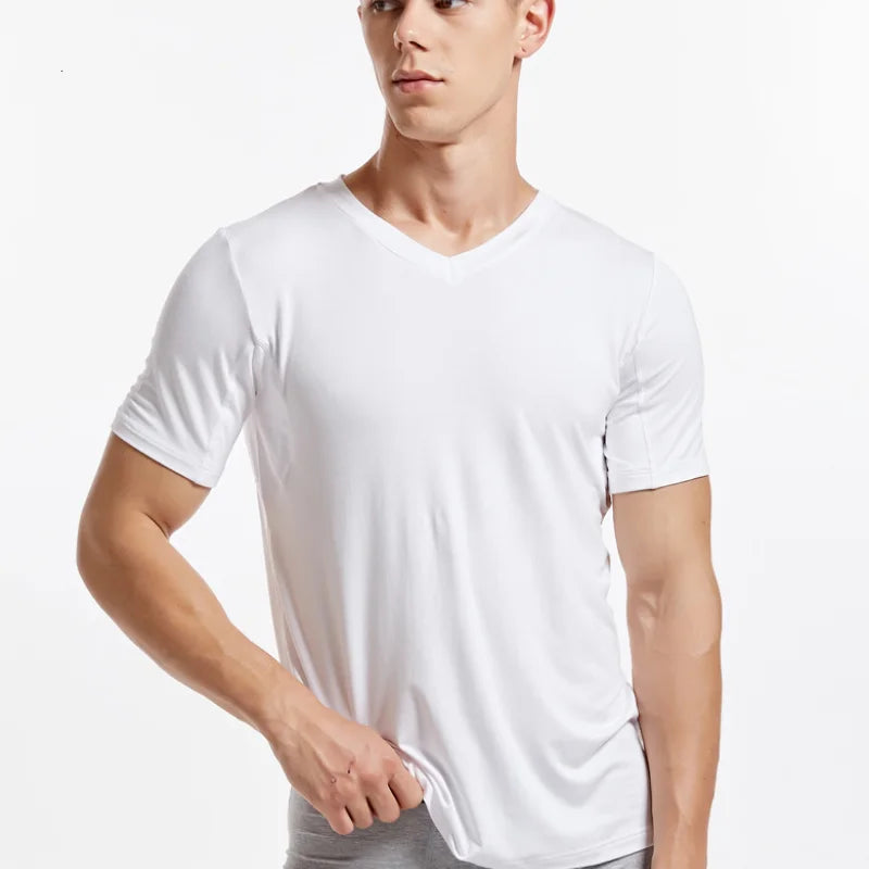 Men 's Undershirts Underwear Absorb Sweat Elastic T Shirts Male V Neck Short Sleeves Top Sleepwear Plus Size Base Shirt 5359