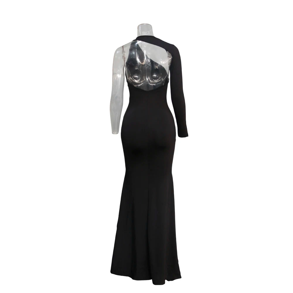 Spring Fall Longuette Long-sleeved Elastic Force Single Sleeve Slim Long Women's Dress