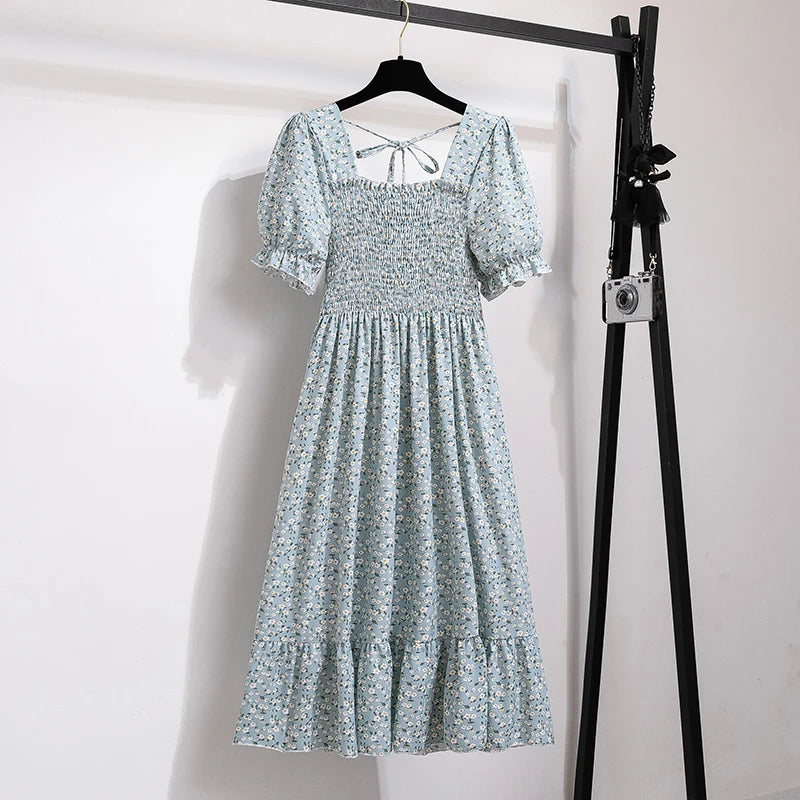 Floral Dresses , Summer Pleated Women Chiffon Casual Beach