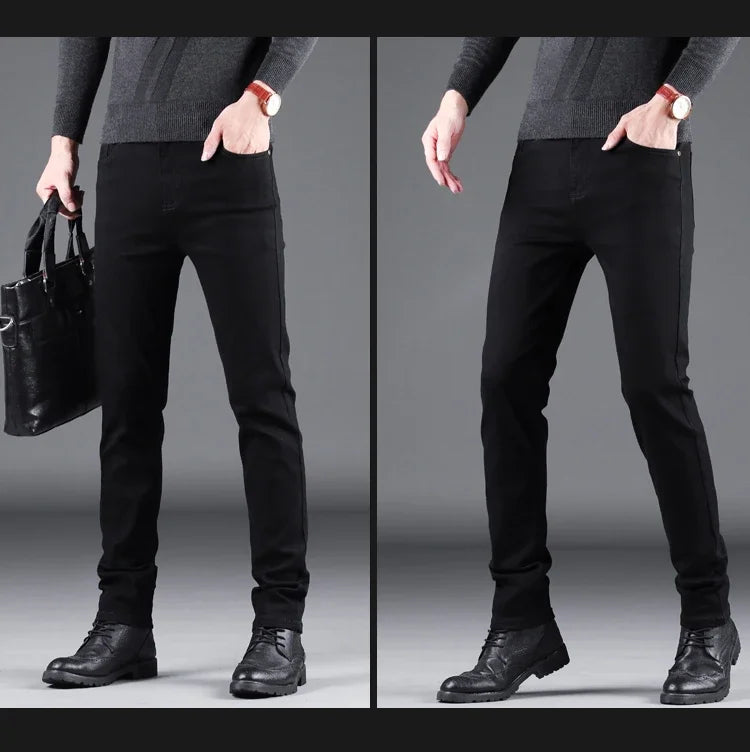 New Men's Pure Black Slim Jeans Elastic Straight Vintage Denim Pants Male