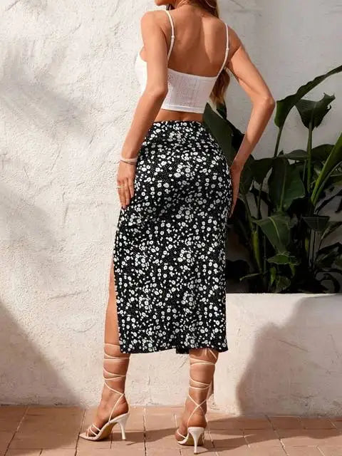 Women's Skirt Floral With Slit Female Skirts Black Sexy Summer 2025 Stylish Trend Aesthetic Korean Fashion Premium Streetwear V