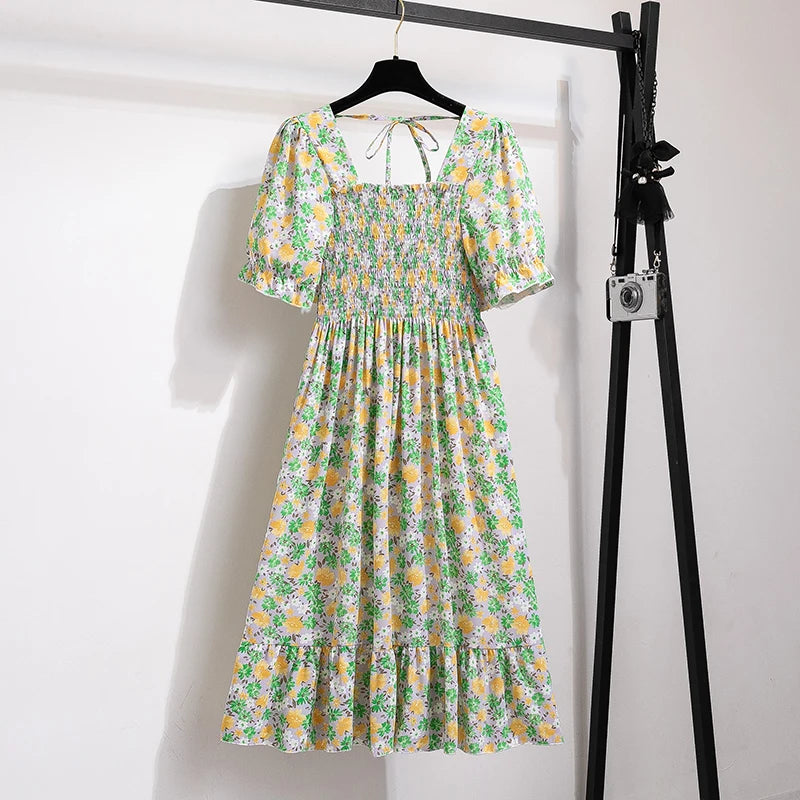Floral Dresses , Summer Pleated Women Chiffon Casual Beach