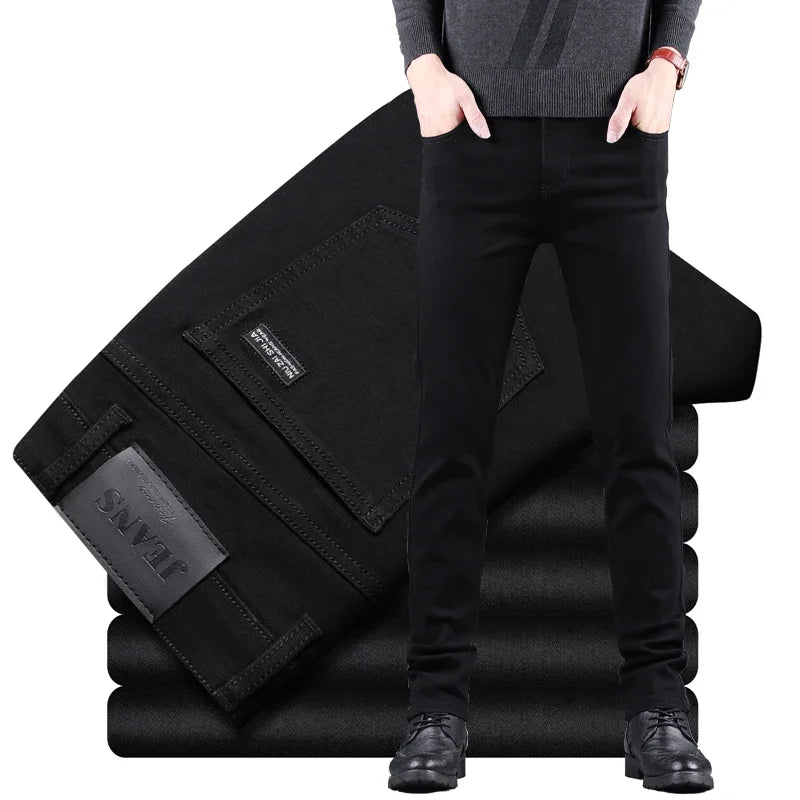 New Men's Pure Black Slim Jeans Elastic Straight Vintage Denim Pants Male