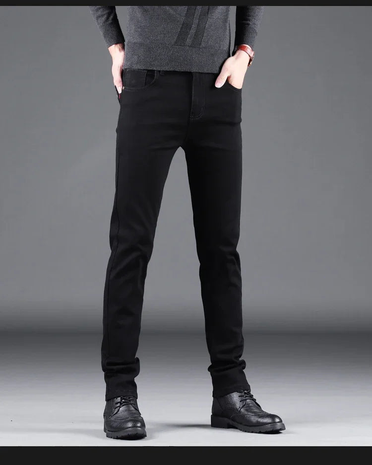 New Men's Pure Black Slim Jeans Elastic Straight Vintage Denim Pants Male
