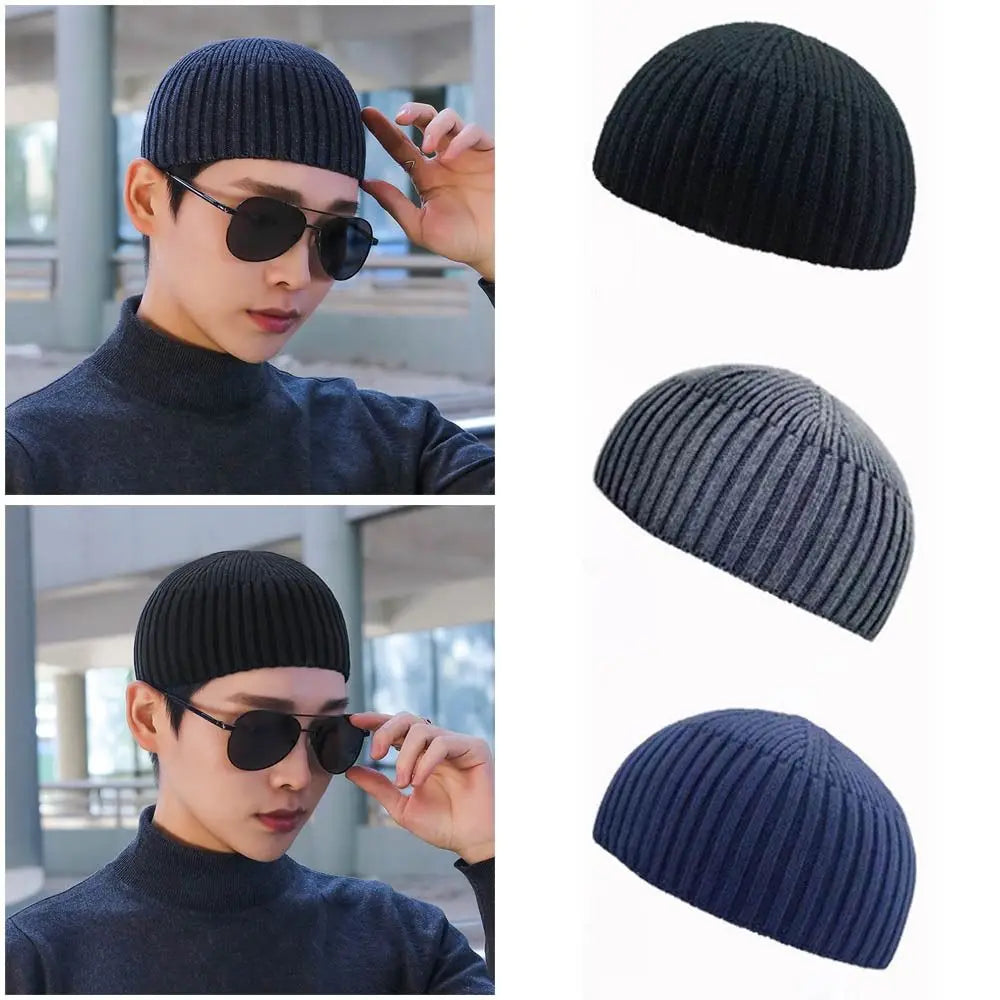 Street Solid Color Knitted Cap Brimless Keep Warm Vintage Dome Hat Elastic Melon Beanie Cap Outdoor Winter Beanie Bonnet Cap