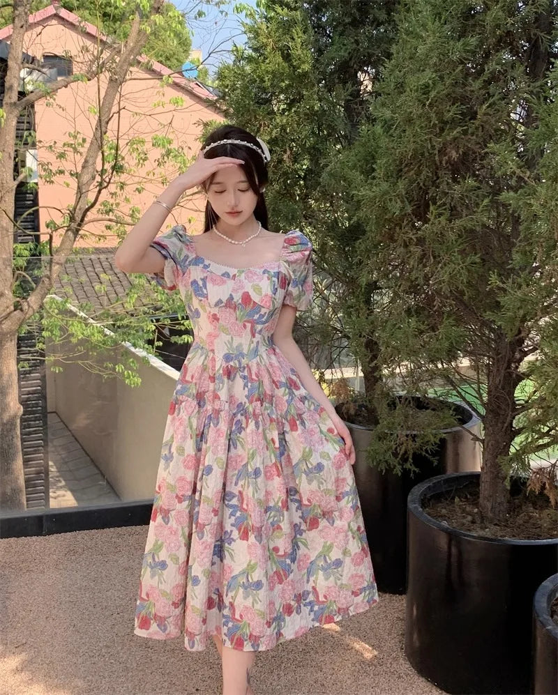 Dress Summer New Style Women's Long Dress Belly Concealing Slimming A- Line..Romantic French Floral Print Square Neck plus Size