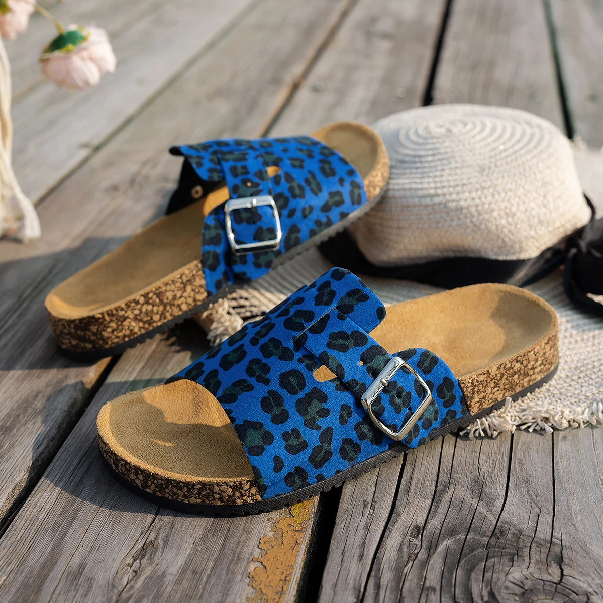 Four-Season Open-Toe Sandals for Outdoor Wear, New Spring and Autumn Women's Sandals, Simple, Casual, Fashionable, Versatile, Blue and Brown Cork Sole Sandals, Animal Print Leopard Print Slide Sandals with Adjustable Buckle S