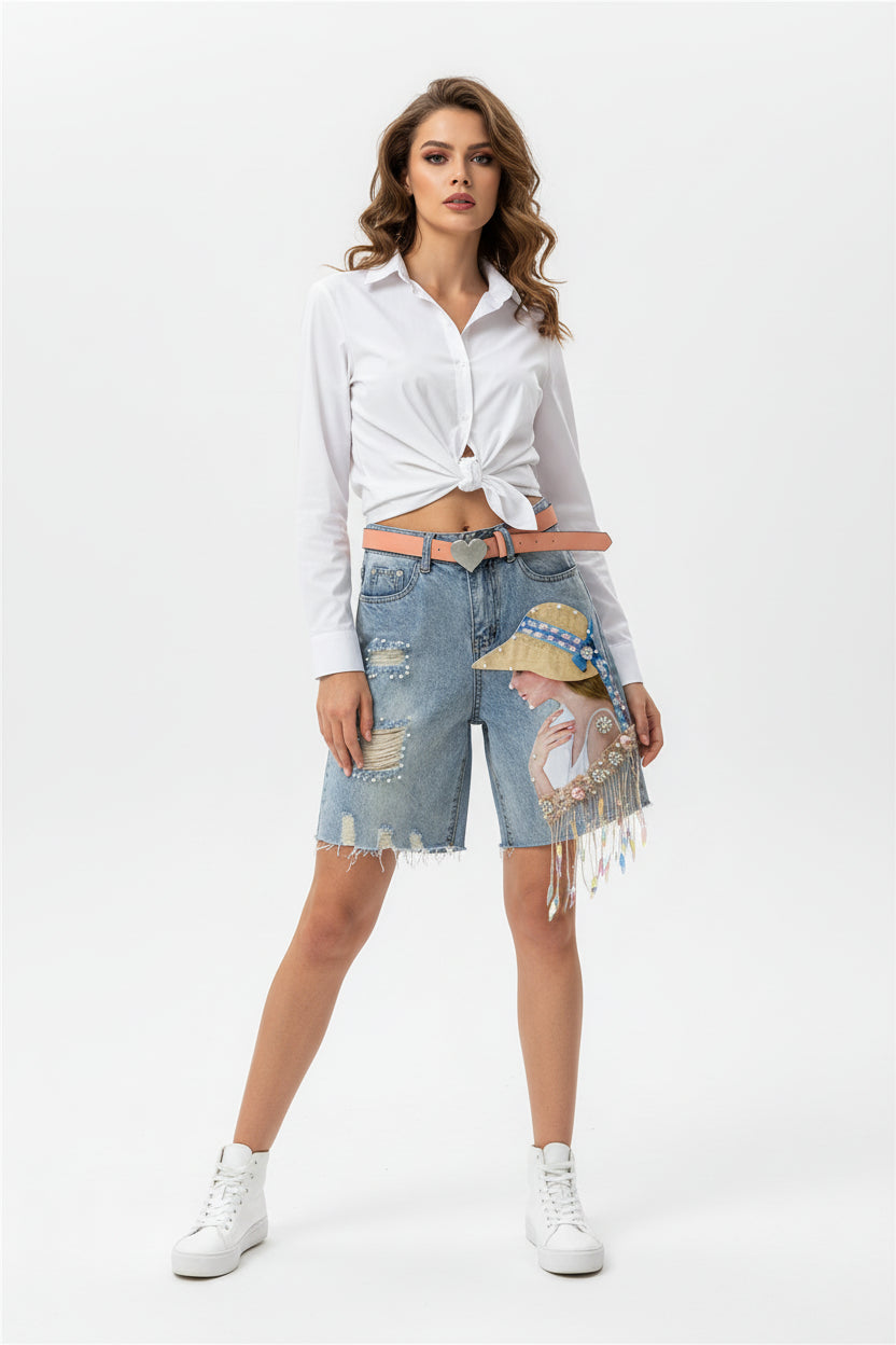 Denim Shorts Womens Heavy Industry Beauty Map Tassel Sequins Beads Broken Hole Five-point Denim Shorts Summer Y2K Straight Pants